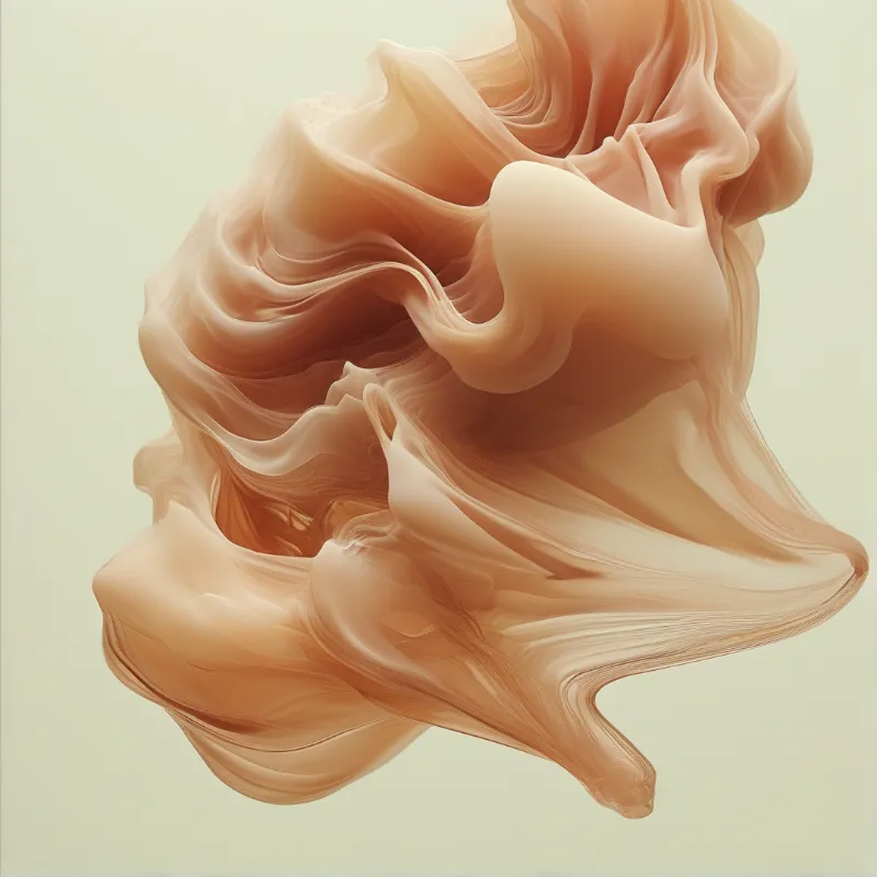 An abstract sculpture of swirling peach colored fabric folds against a pale cream background lit by soft diffuse light