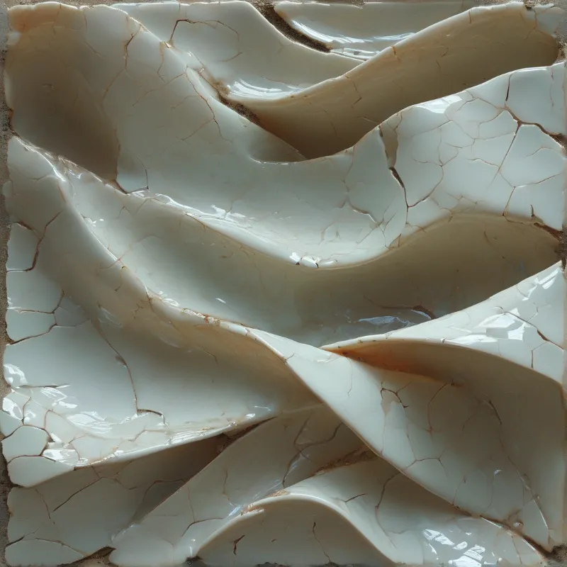 Glossy off-white ceramic tiles with brown crack patterns form a wavy undulating composition