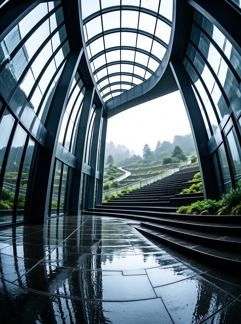 Curved steel ribs carry a rain streaked skylight above wet stone steps that lead out to a misty planted slope.