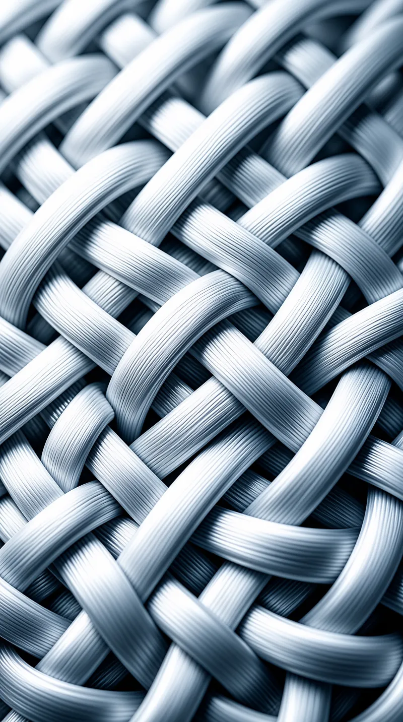 Close view of thick braided strands interlaced in an over-under weave, each ribbed thread lit with cold blue reflections.