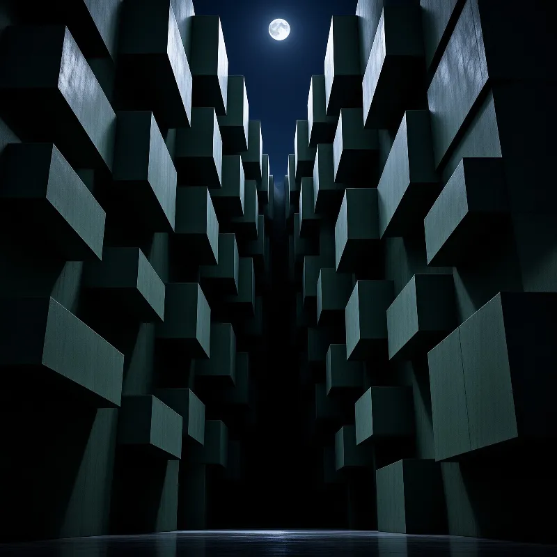 A dark passage of protruding concrete blocks opens to a night sky where a full moon shines above the central gap.