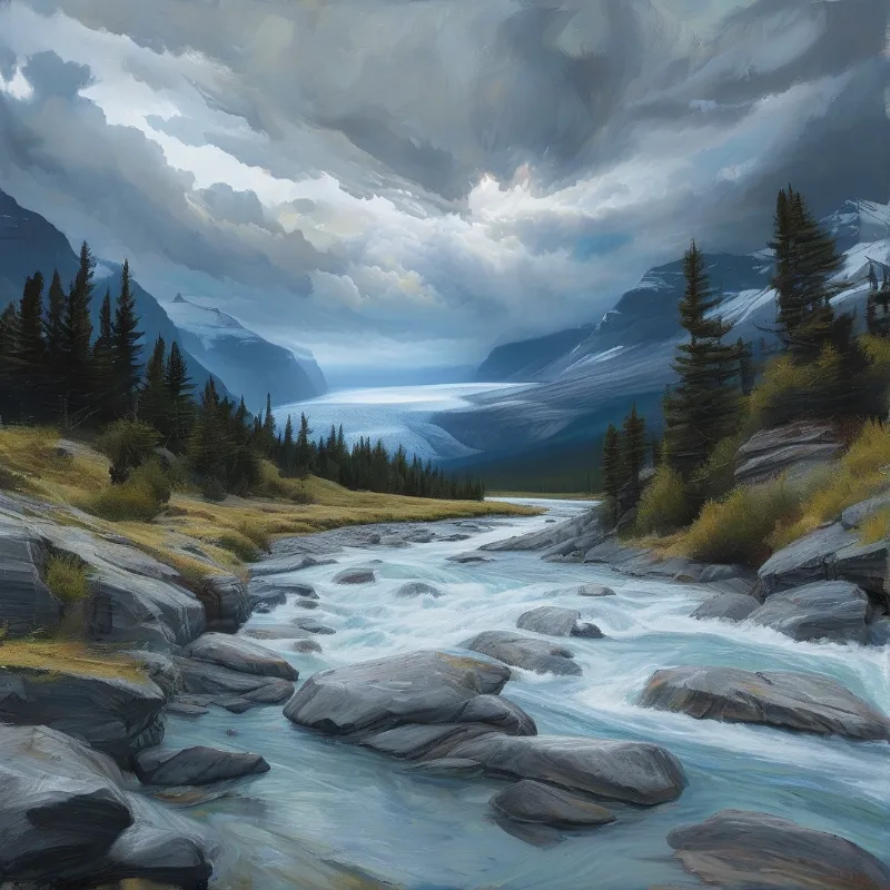 A turbulent blue alpine river winds through a rocky forested valley towards distant snow capped peaks under heavy overcast skies.
