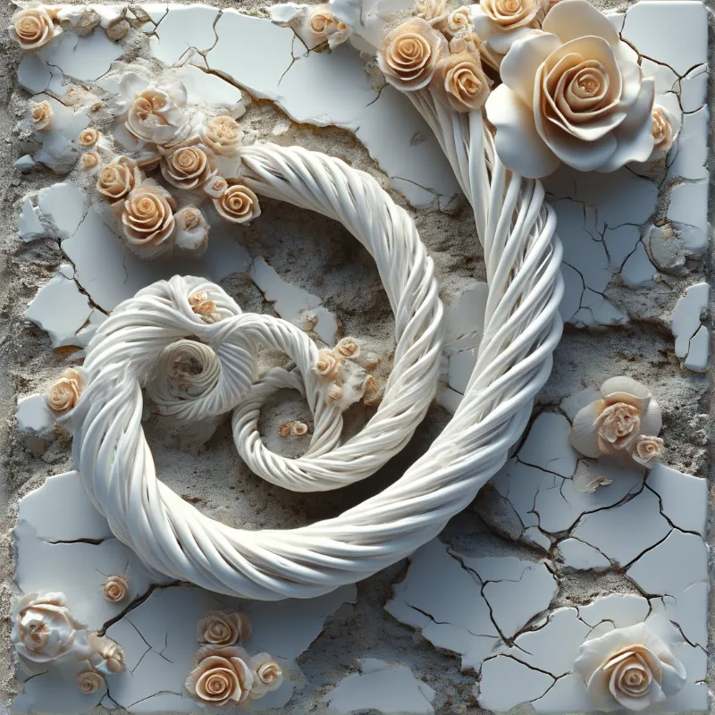 A pale twisted ceramic ribbon loops across cracked off-white tiles, lined with small soft blush ceramic rose blossoms.