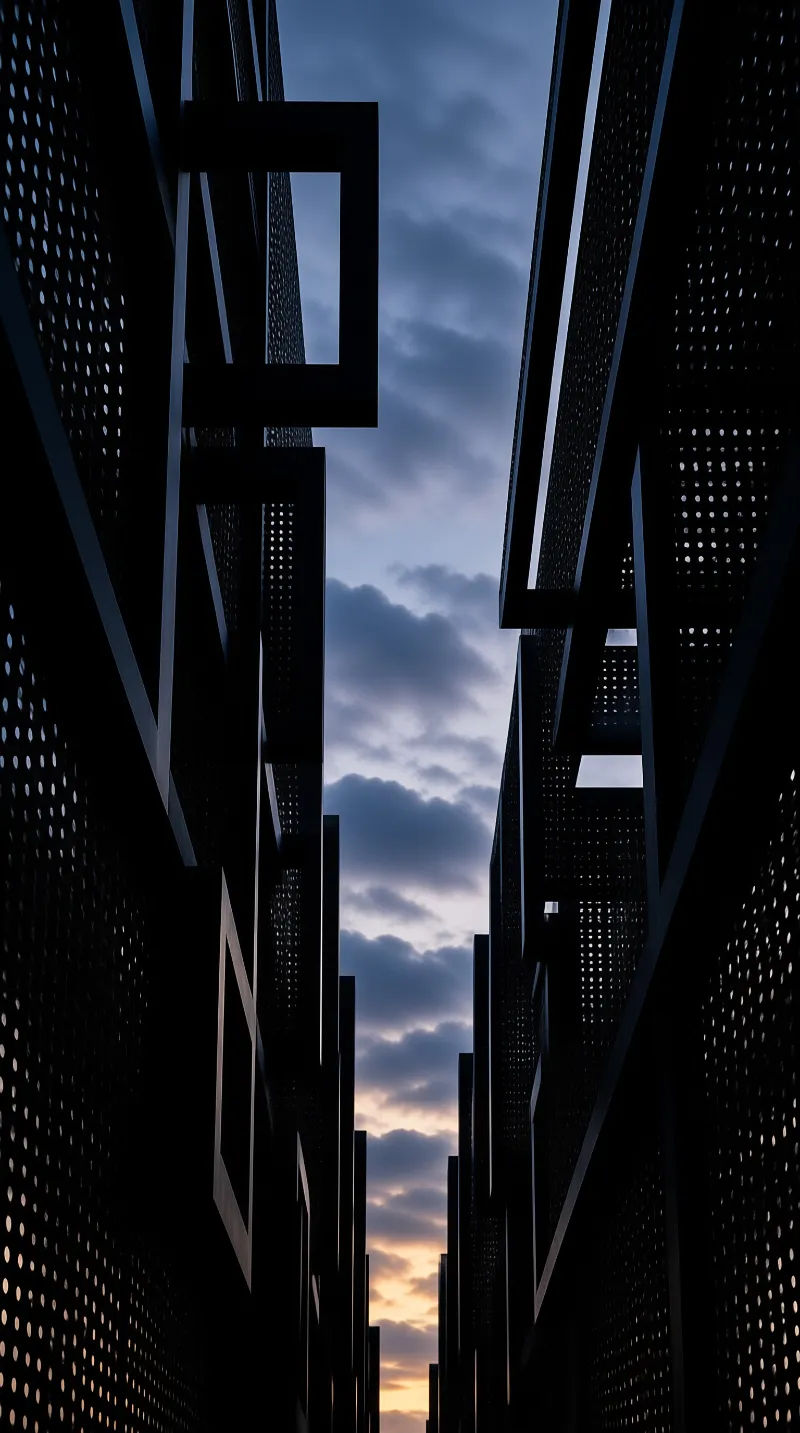 Dark punched metal screens rise on either side of a narrow gap where clouds catch the last amber light