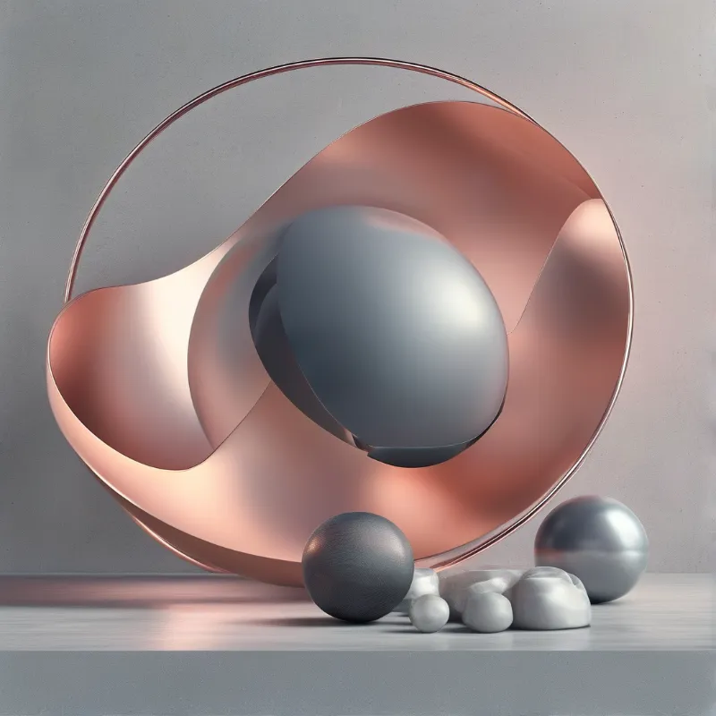 A grey sphere rests inside a curved copper structure with smaller metallic balls on a smooth grey floor.