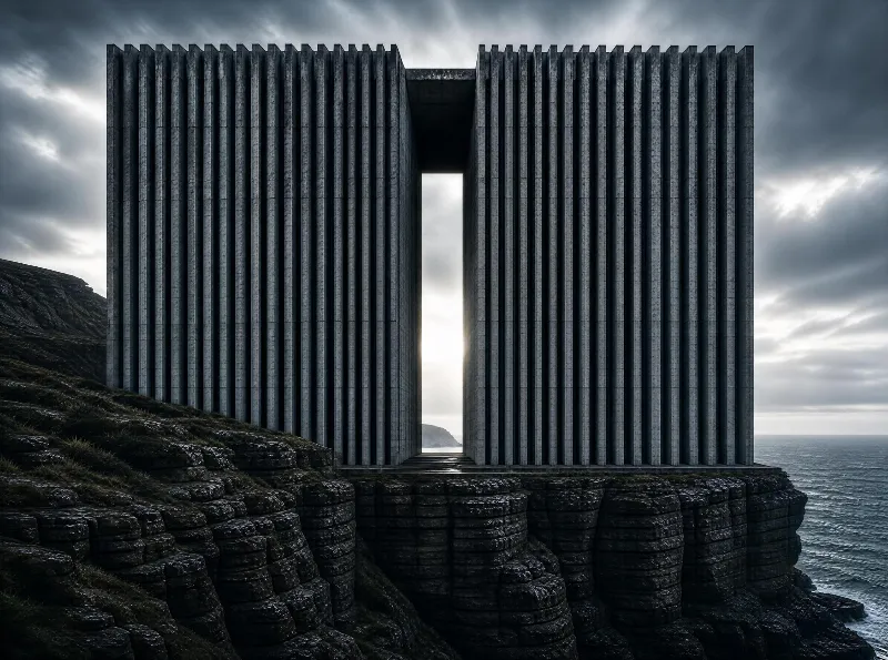 A massive concrete structure with vertical slats stands on a rugged coastal cliff, featuring a central gateway that frames light filtering through a cloudy sky above the ocean.