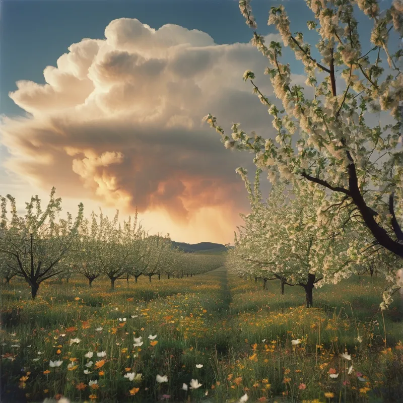 Flowering fruit trees line wildflower meadows, with golden light spilling under a large storm cloud above distant hills.