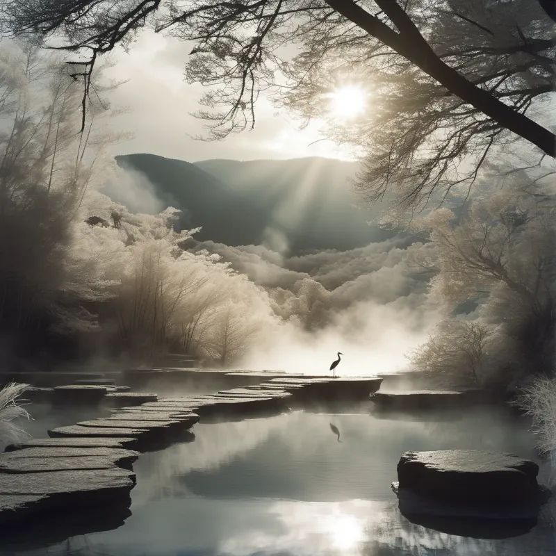 A lone heron stands on a stepping stone in a calm stream while sunbeams filter through trees and mist over the mountains.