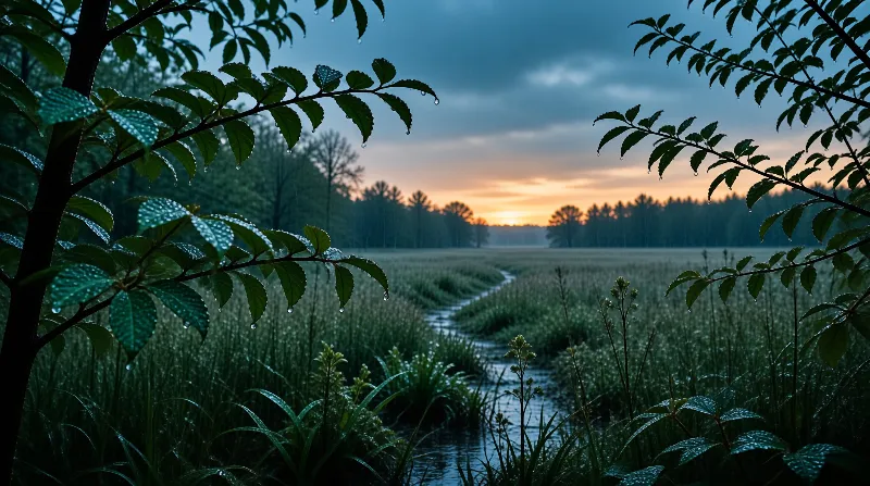 A narrow waterway winds through a grassy marsh while dark leaves hold raindrops against a fading orange sunset sky.