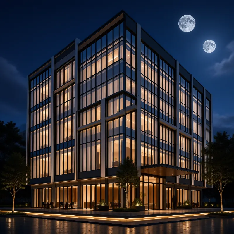 Glass Tower Night View Two Moons