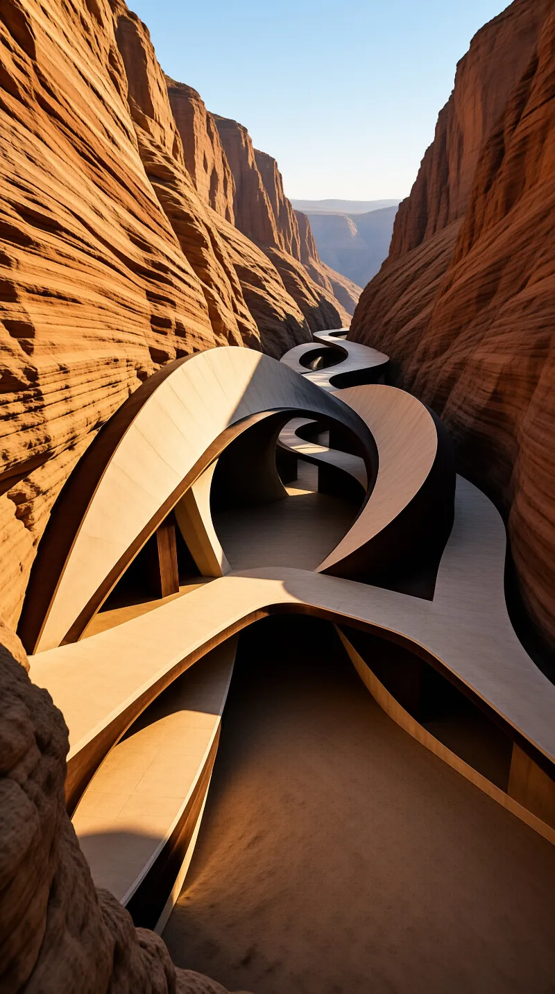 A light-colored curved architectural structure winds through a deep red rock canyon under bright sunlight.