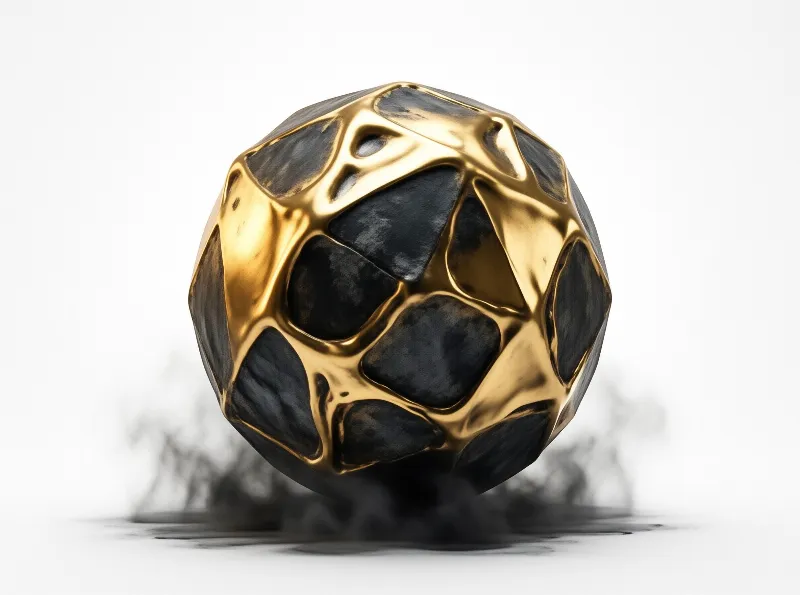 A glossy gold framework holds black stones in a sphere hovering above dark smoke.