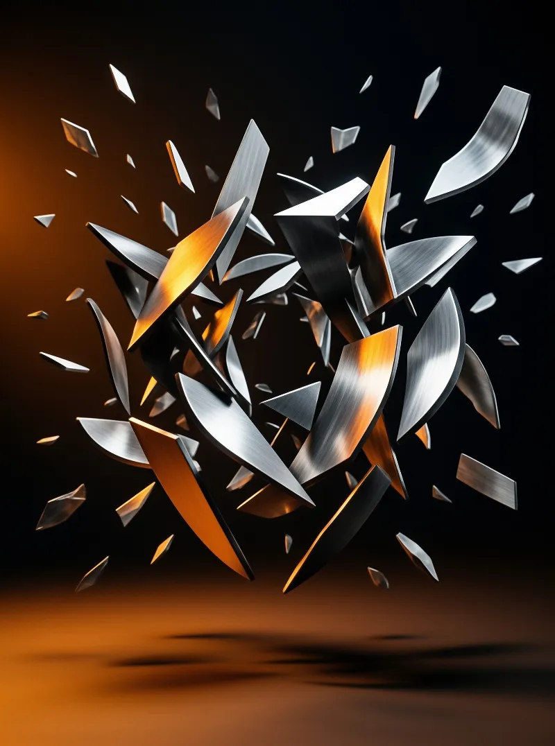 A cluster of sharp silver metal fragments suspended mid-air against a dark background illuminated by warm orange lighting.