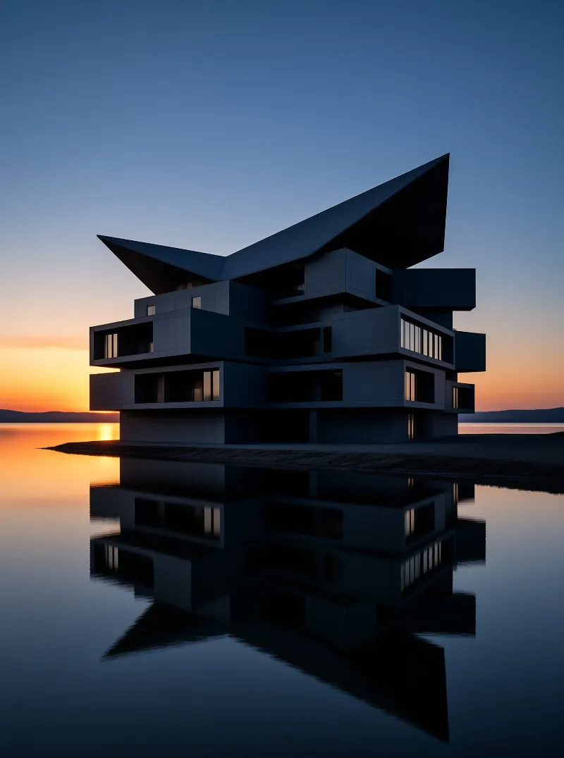 Angular architecture with a fin roof sits on a peninsula surrounded by calm water mirroring the dusk sky.