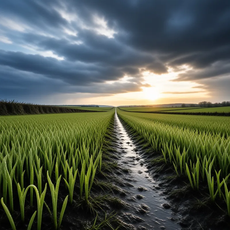 Young green shoots line a rain-filled trench that runs straight to the horizon where golden light escapes heavy grey cloud.