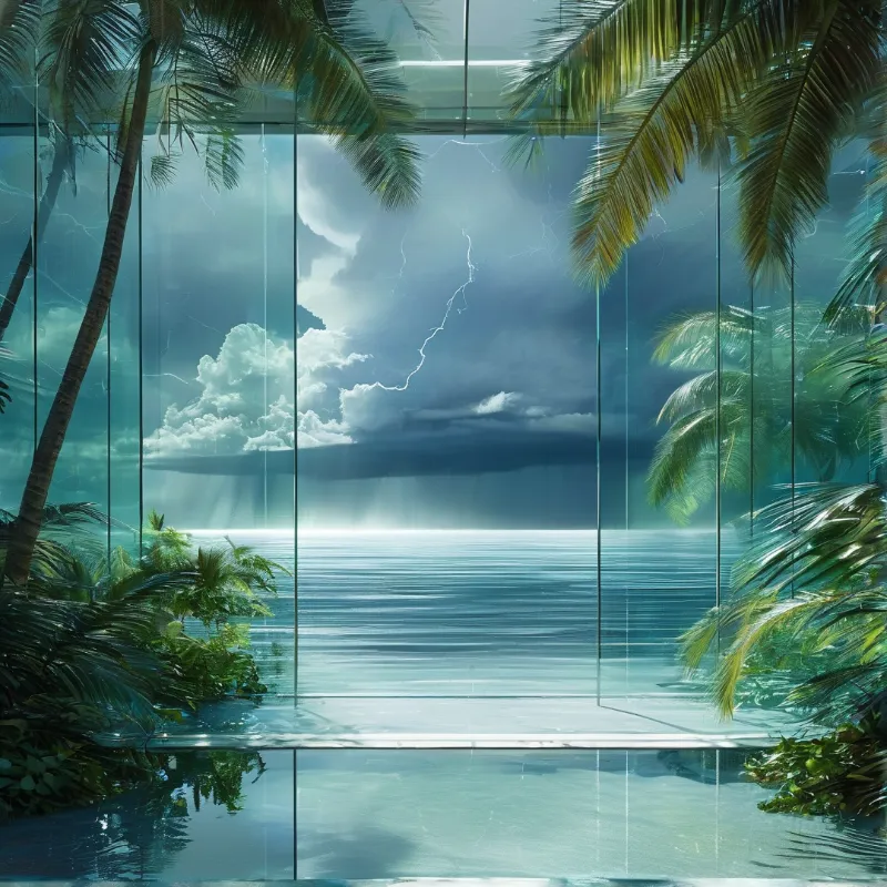 Tropical foliage frames a calm blue sea beneath dark storm clouds with visible lightning through a glass wall.