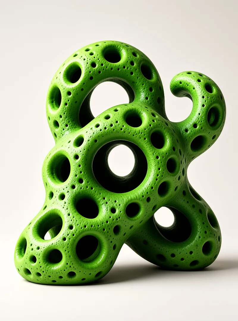 A bright green twisted organic sculpture featuring large and small holes rests on a plain light grey surface under soft directional lighting.