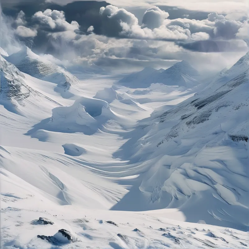 Carved snow glacier valley sits between high peaks, sunbreaks from storm clouds cast soft shadows over wind shaped ice slopes.