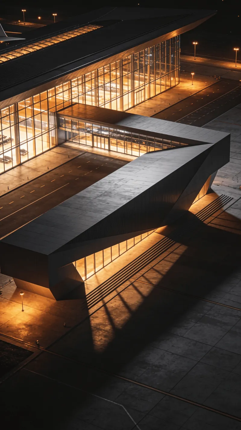 Terminal with Glass Curtain Wall — Night With Warm Lights