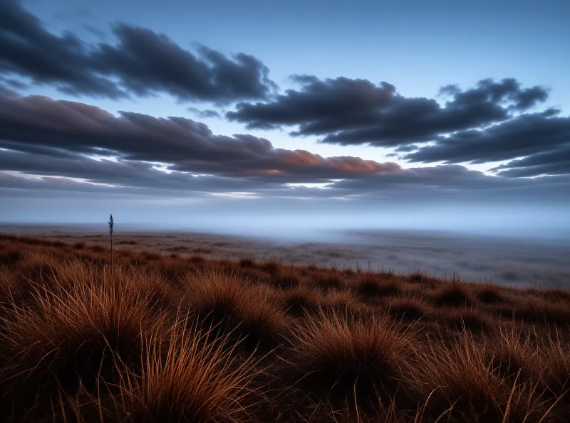 Dry reddish brown tussock grass in the foreground stretches toward a misty plain under a dark blue sky with orange clouds