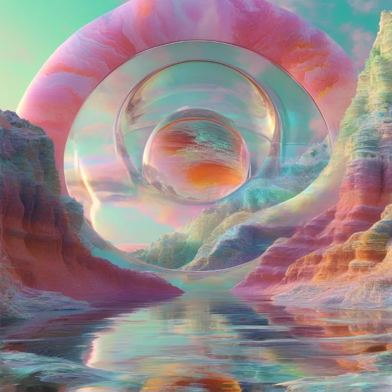 A glossy iridescent glass torus hovers over a pastel-toned rocky canyon lined with soft purple and pink hills, its form mirrored in the still teal pool below.