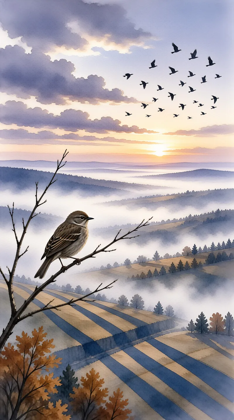 A sparrow perches on a branch overlooking foggy hills and striped fields under a glowing sky with flying birds.