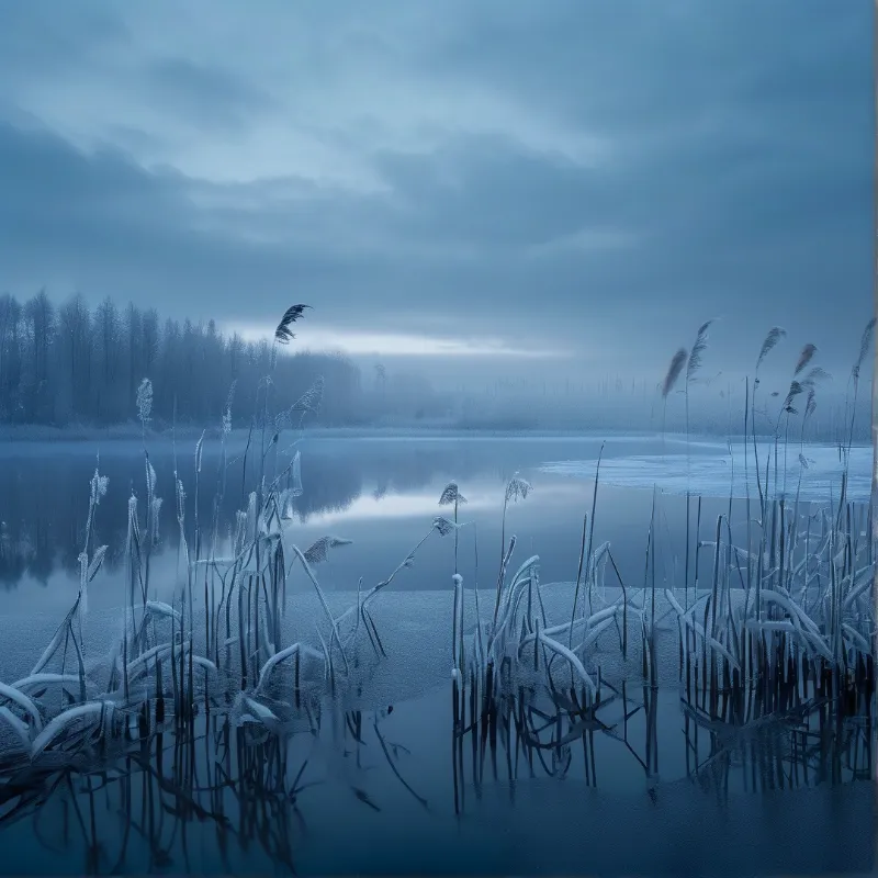 Frozen Lake in Winter Mist