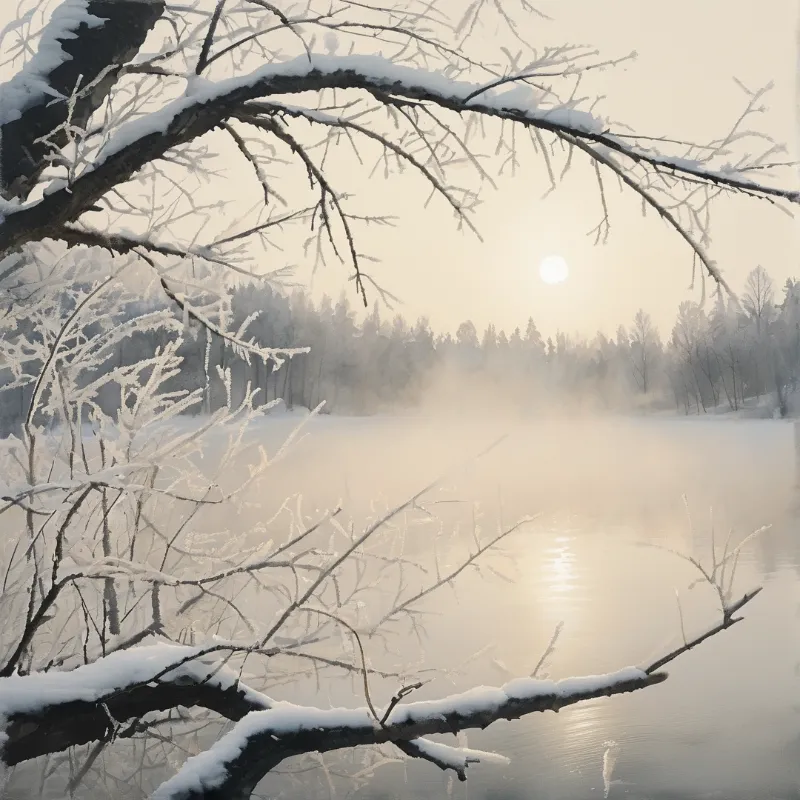 Frozen twigs frame a calm lake where mist rises under a soft winter sun and distant trees fade into white haze.