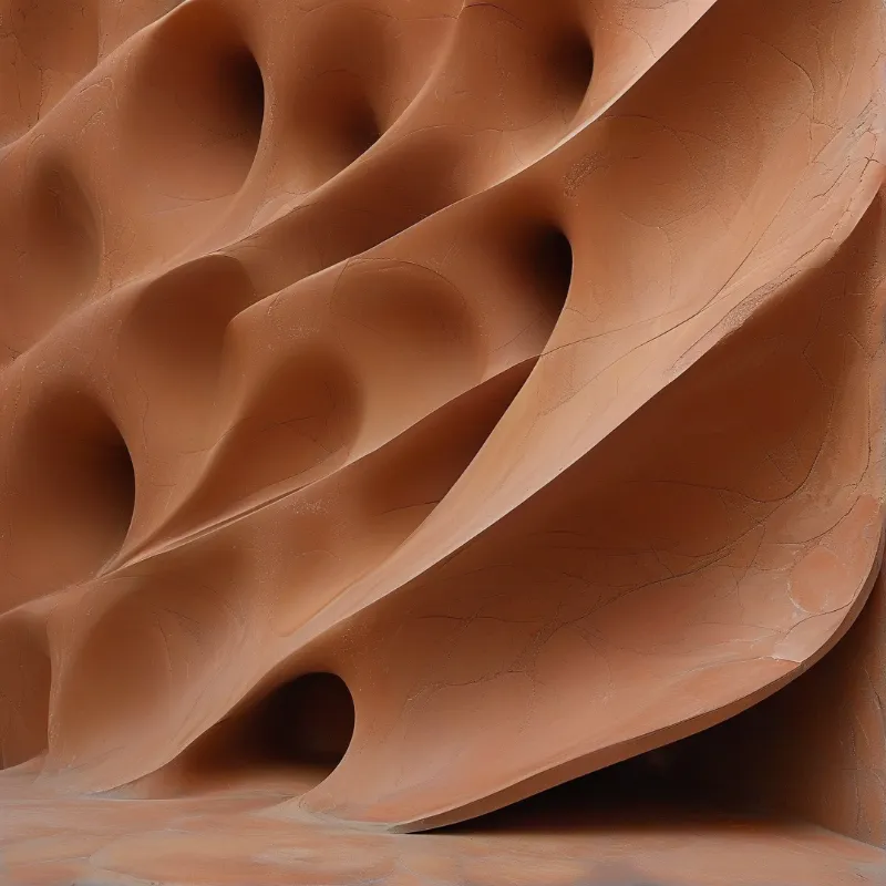 Curved wind shaped terracotta sandstone walls feature deep shadowed crevices and smooth undulating surfaces under warm soft natural light