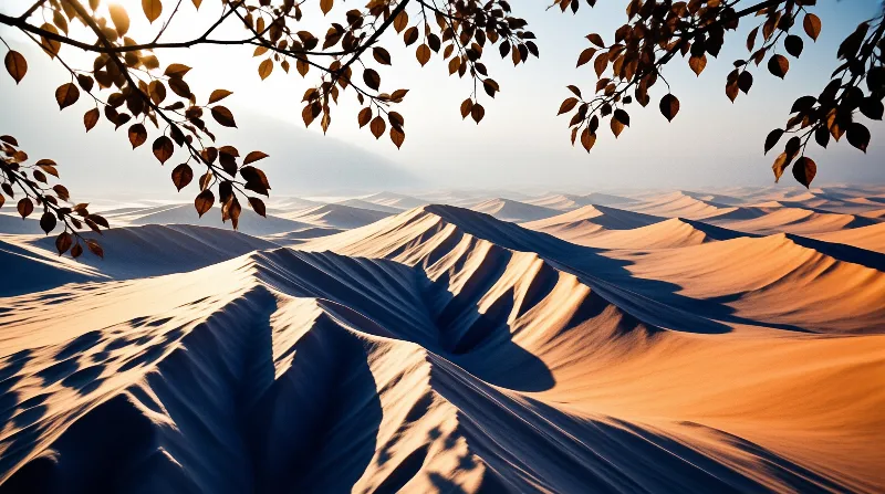Tree branches frame rippled desert dunes bathed in warm orange sunlight with contrasting deep blue shadows.