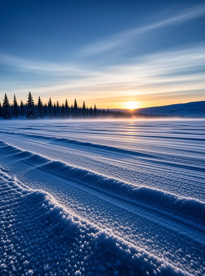 Ripples of wind-carved snow run toward a dark spruce treeline while the low sun glows orange under pale blue clouds.