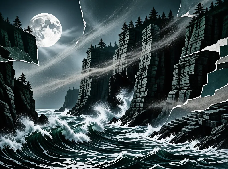 Layered rock formations stand tall against the dark sky while ocean foam crashes below near a bright lunar disc.