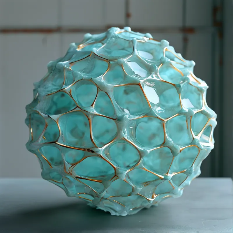 A translucent teal sphere with a bubbly surface and gold outlines sits on a flat grey surface against a blurred background.