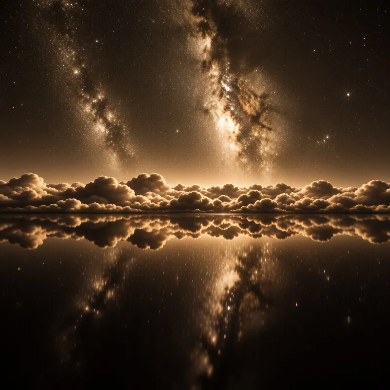 A sepia toned view shows the Milky Way and dense cloud layer perfectly mirrored in calm water.