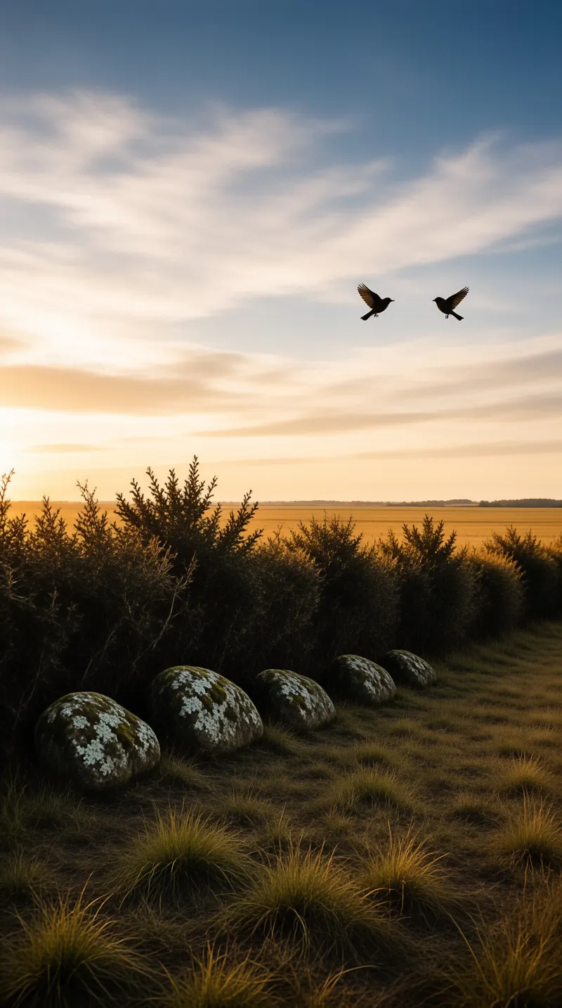 Two birds fly in silhouette against a golden sky above a row of mossy boulders in a field.