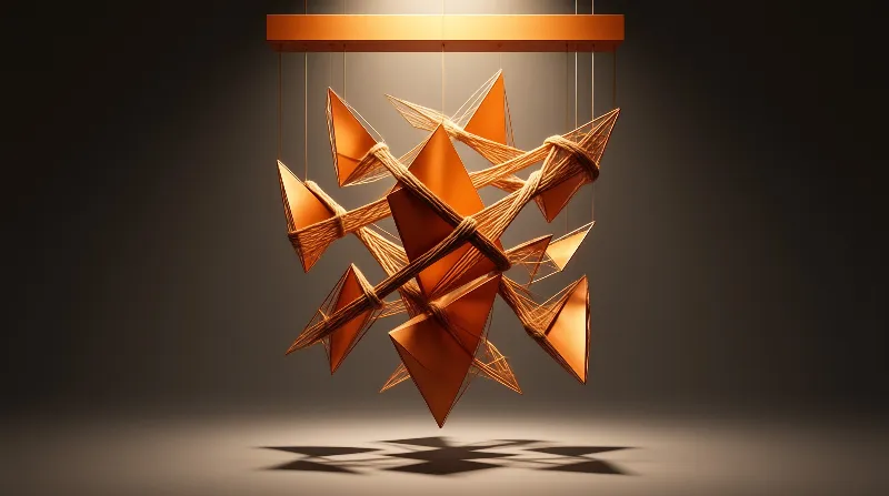 A suspended sculpture of orange pyramids linked by rope hangs against a dark background.