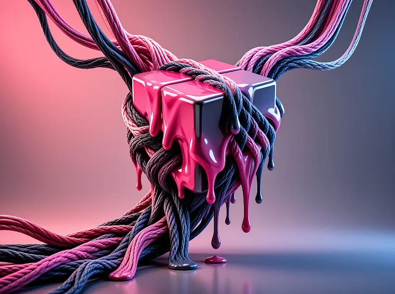 Thick braided ropes bind a metal cube that drips glossy pink liquid against a smooth pink and blue gradient backdrop.