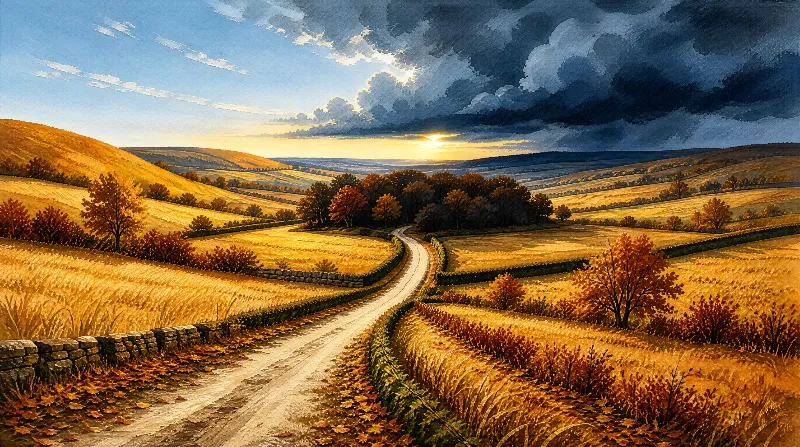 A winding dirt road traverses golden rolling hills under a dramatic autumn sunset with dark clouds gathering