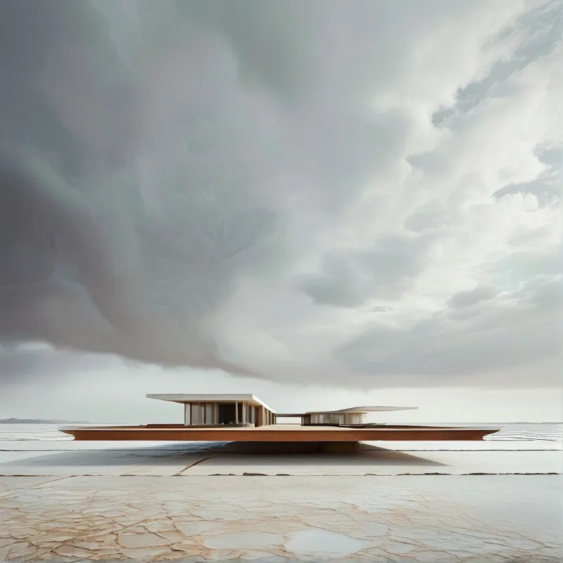 A flat-roofed building rests on cracked earth beneath a vast expanse of heavy gray clouds.