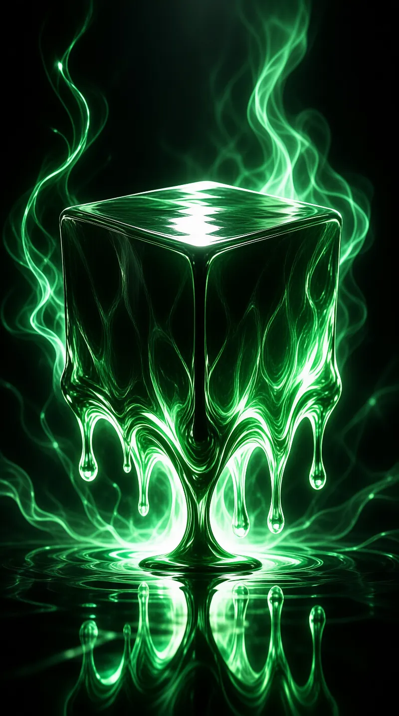 A translucent green cube is melting and dripping onto a dark reflective surface while glowing vapor rises around it.