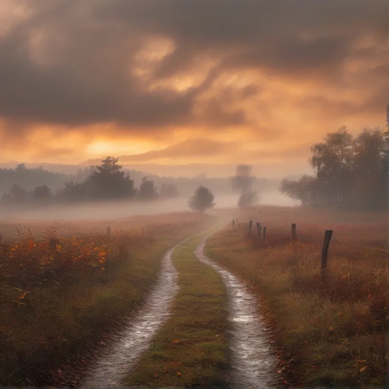 Misty Rural Road at Sunrise