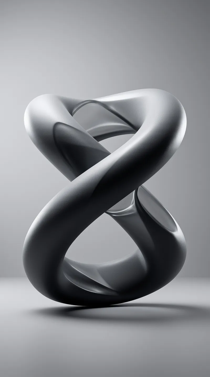 A smooth gray abstract sculpture twisted into an interlocking loop stands on a plain surface under gentle lighting.