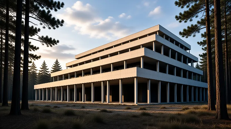 A multi-story white building with open columns stands surrounded by tall dark pine trees under a cloudy sky with warm sunlight