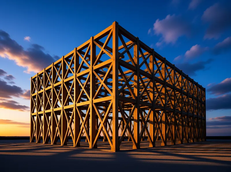 A crisscrossed timber framework glows amber against a deep blue evening sky streaked with sunset clouds.