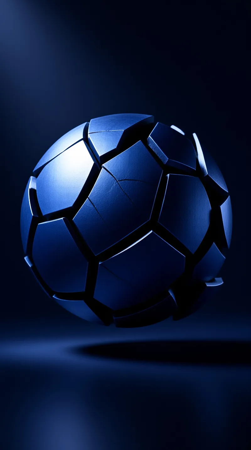 A fractured blue globe hovers above a shadowy surface within a deep navy environment.