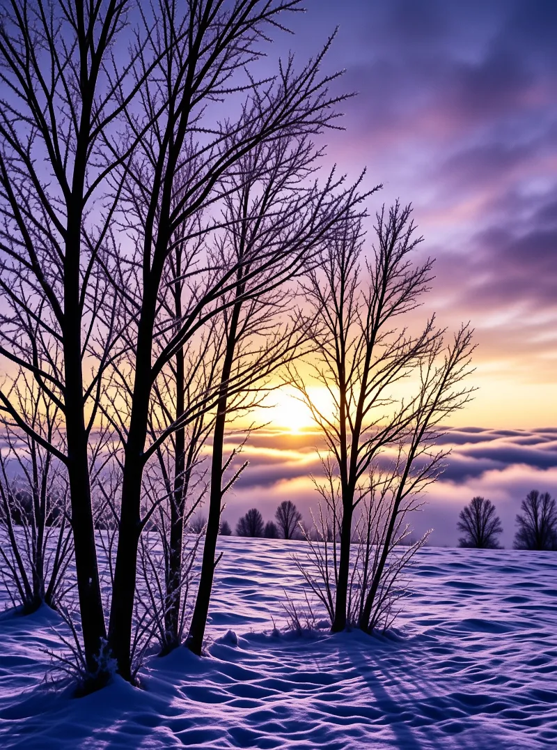 Slender bare trunks stand in rippled snow as the sun dips behind a bank of cloud, tinting the scene lavender.