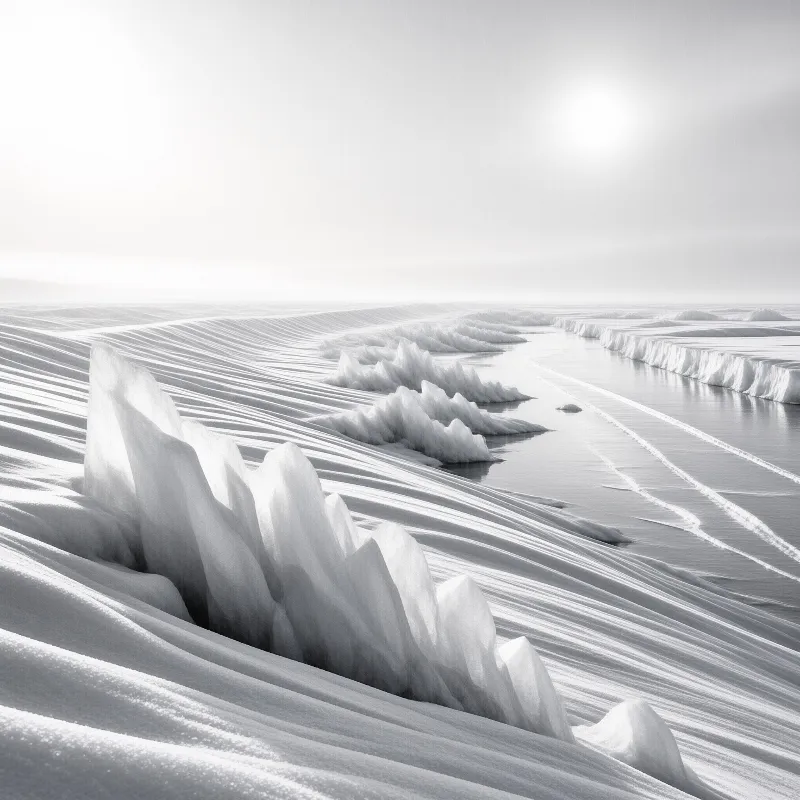 Pale wind sculpted snowbanks run in long parallel curves toward a narrow melt stream under a low white sun.