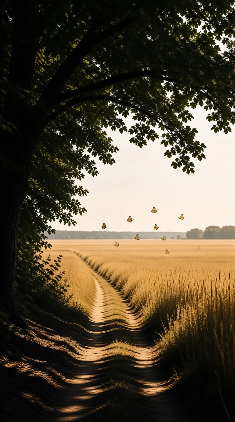 A winding path crosses a golden wheat field beneath the dark canopy of a large tree at golden hour.