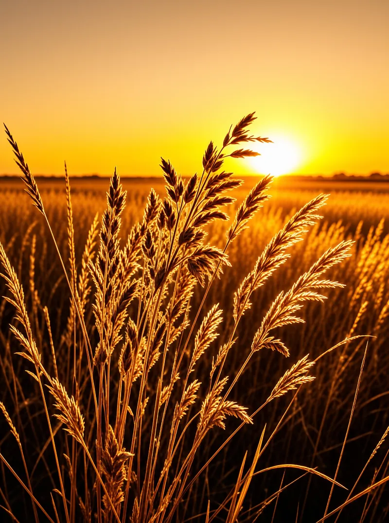 Tall dried grass heads catch warm light while the sun sits low above a sprawling golden field.