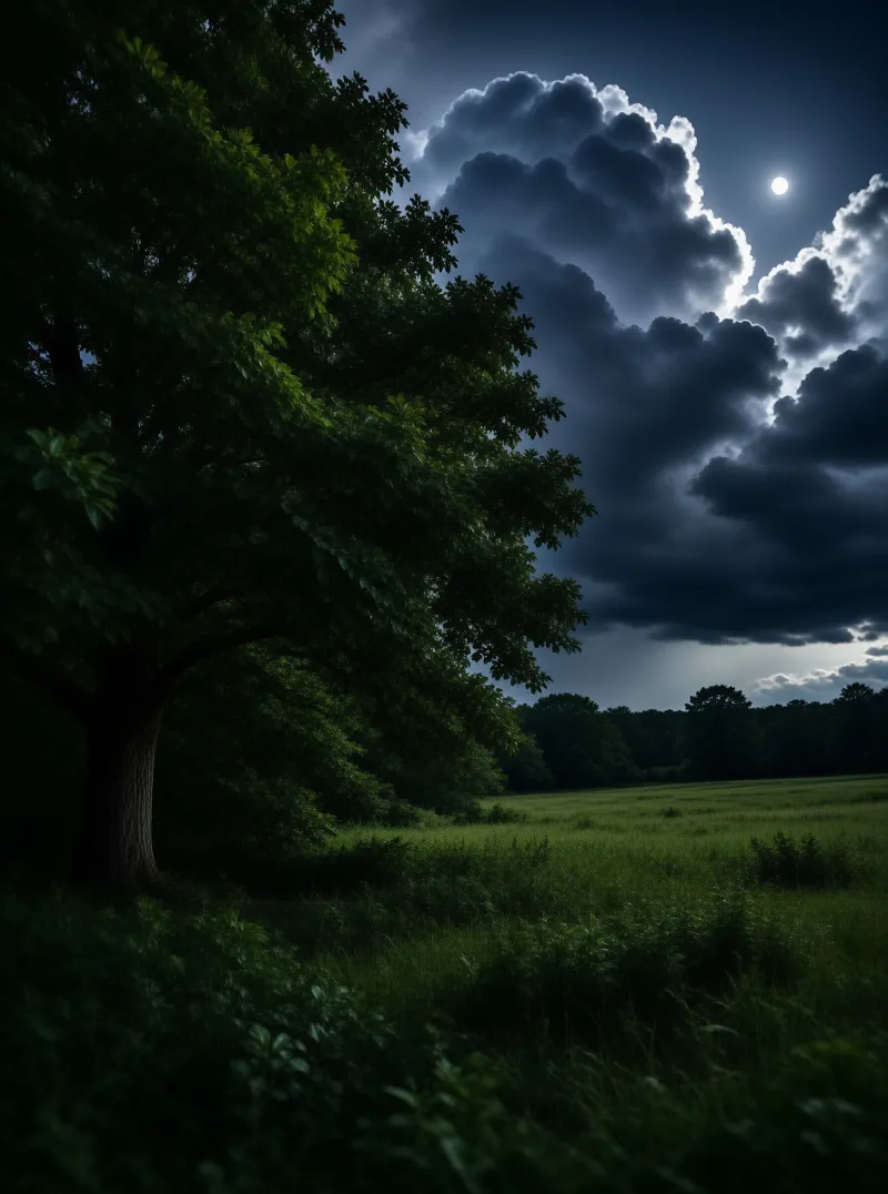 A massive oak tree dominates the left foreground overlooking a grassy field under a moody sky with a bright moon.